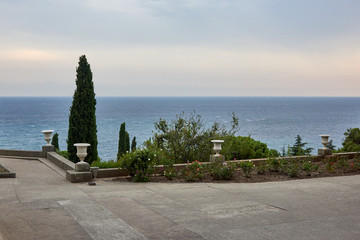 Russia. Crimea. Vorontsov Palace. Sea view from the window of the Winter Garden