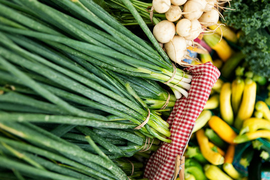 Market: Overhead View Of Fresh Vegetables At Farmer's Market