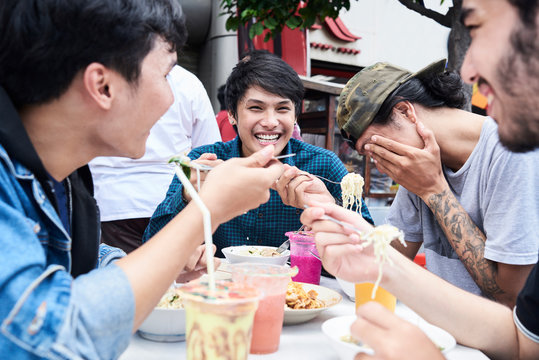 Best Friends Eating Street Food And Healthy Fresh Juices In Summ