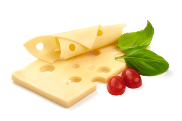 Sliced Swiss Cheese, macro, isolated on white background