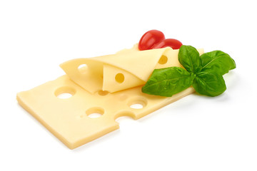 Sliced Swiss Cheese, macro, isolated on white background