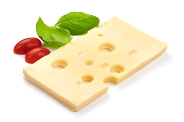 Maasdam cheese slices, macro, isolated on white background