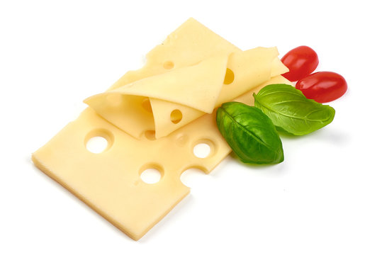 Maasdam cheese slices, macro, isolated on white background
