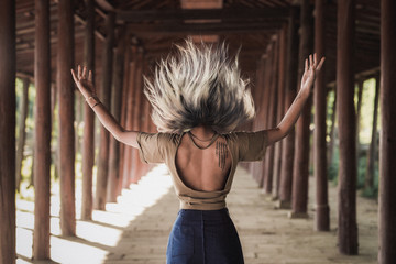 Rear view of woman with gray hair