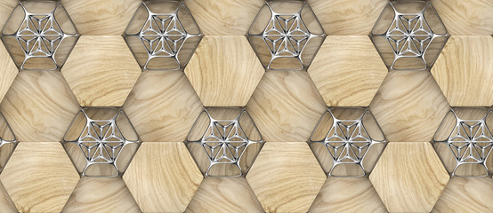 Hexagone 3D en bois avec décor argenté. Matière bois de chêne. Texture réaliste transparente de haute qualité.