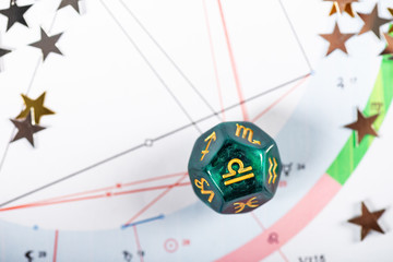 Astrology Dice with zodiac symbol of Libra Sep 23 - Oct 22 on Natal Chart Background