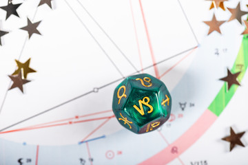 Astrology Dice with zodiac symbol of Capricorn Dec 22 - Jan 19 on Natal Chart Background