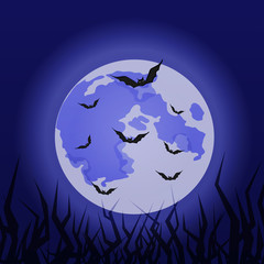 Halloween background with illustration of flying bats over moon. vector illustration