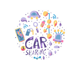 Car sharing concept. Vector flat text and decor.
