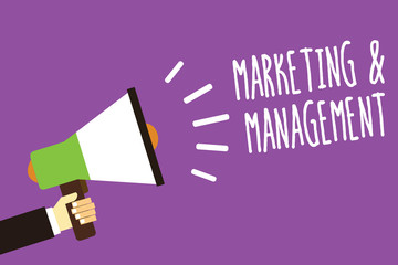 Word writing text Marketing and Management. Business concept for process of developing strategies for product Sound speaker alarm hand hot issue public notice message announcement