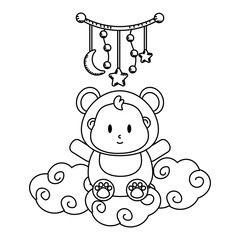 bear costume sitting over a cloud in black and white