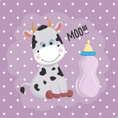 Cute little cow and feeding bottle isolated on a purple background.