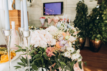 luxury wedding table with beautiful flowers. pink stylized