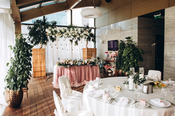 luxury wedding table with beautiful flowers. pink stylized