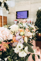luxury wedding table with beautiful flowers. pink stylized