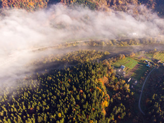 Aerial view of autumn Carpathian Mountains, forests and river, meadows and hills, morning time. Ukraine