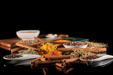Exotic spices on bowls and spoons