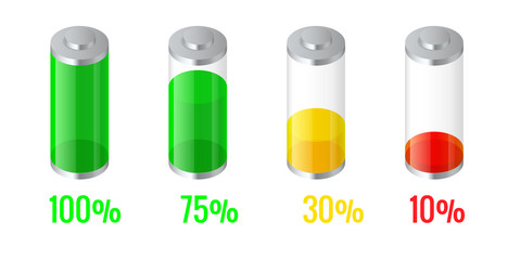 Isometric discharged and fully charged battery energy for mobile phone. Battery charge indicator icons. Accumulator indicator.