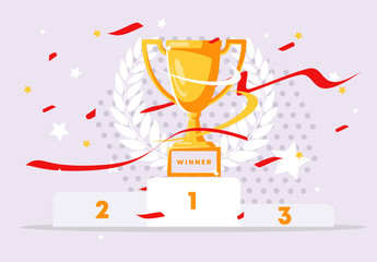 Vector illustration of the winners ' pedestal, champion Cup with confetti and ribbons, winner's wreath in the background