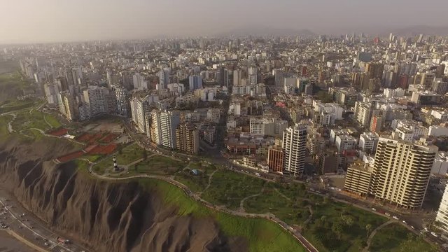 Forward traveling drone view of Miraflores Pier, in Lima, Peru.