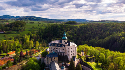 Obraz premium Aerial view of Medieval Gothic and Renaissance style castle on top of the hill in Frydlant, Czech Republic.