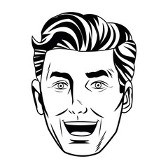 Pop art handsome man smiling black and white isolated