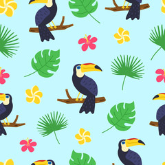 Fototapeta na wymiar Toucan pattern. Exotic tropical texture for print, banners, poster template. Tropical seamless pattern. Cartoon doodle background. Vector illustration