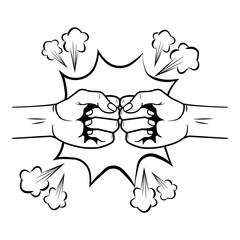 Pop art hands clenched on pink explosion background in black and white