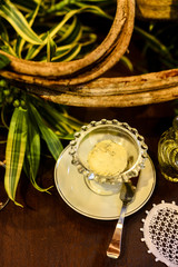 table butter flavored with herbs, top view, flavored butter