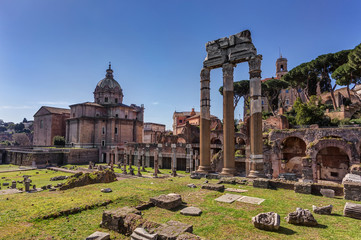 Fototapeta na wymiar Architectural excavations in Roman Forum. Outdor Italy