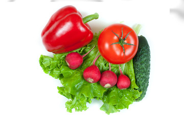 Fototapeta na wymiar Fresh colorful organic vegetables captured from above (top view, flat lay) isolated on a white background. Layout with free (copy) space. Healthy food conception. Ingredients for salad