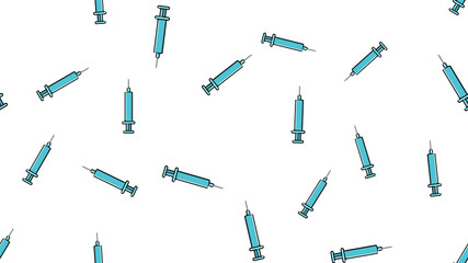 Seamless pattern texture of blue disposable sharp medical pharmacetic syringe for pricks with medicine, drugs on a white background. Vector illustration