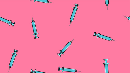 Seamless pattern texture of blue disposable sharp medical pharmacetic syringe for pricks with medicine, drugs on a pink background. Vector illustration