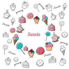 Hand drawn desserts and sweets on white background.