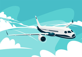 vector illustration of a civil aircraft flying in the clouds