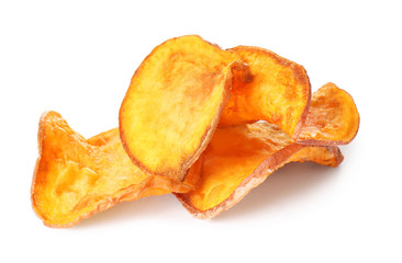 Tasty sweet potato chips isolated on white