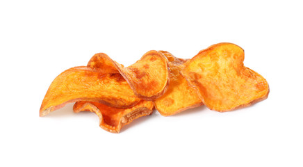 Tasty sweet potato chips isolated on white