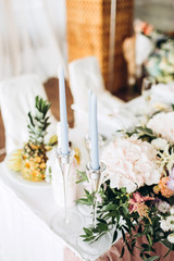 luxury wedding table with beautiful flowers. pink stylized