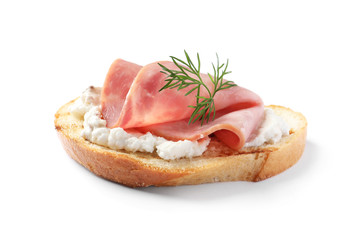 Tasty bruschetta with ham on white background