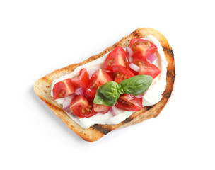 Tasty bruschetta with tomato on white background, top view