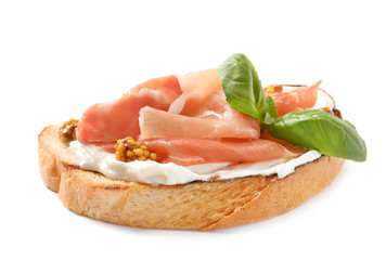 Tasty bruschetta with prosciutto and mustard on white background
