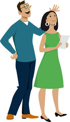 Fototapeta premium Modern young couple standing observing and discussing something, EPS 8 vector illustration