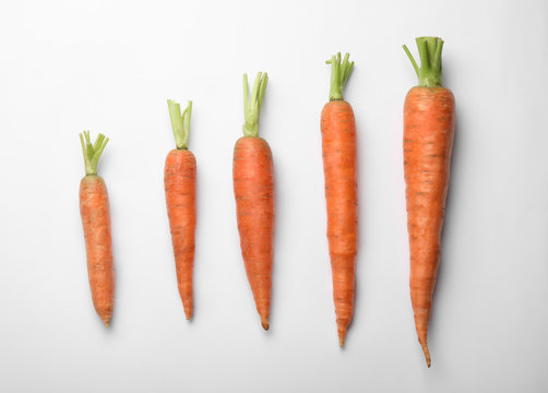 Flat lay composition with fresh carrots on color background © New Africa
