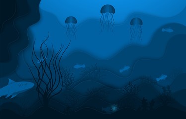 Fototapeta na wymiar Underwater world, paper style Kraft, underwater ocean life. Deep-sea fish and algae. Vector