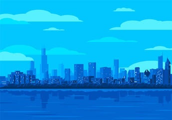 Fototapeta na wymiar vector illustration silhouettes of high-rise buildings on the background of the water surface, the silhouette of the city, the night metropolis