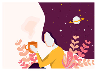 Vector illustration of cute girl drinking coffee or tea. Space, stars and planets  in dreams and thoughts. Imagination concept. Illustration for web
