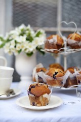Blueberry muffins. Breakfast in the garden in nature. traditional English tea, high tea .