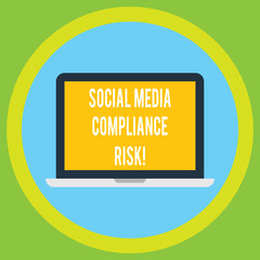 Handwriting text Social Media Compliance Risk. Concept meaning Risks analysisagement on the internet online sharing Laptop Monitor Personal Computer Device Tablet Blank Screen for Text Space