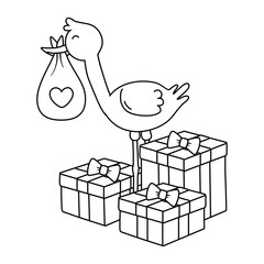 stork with gift boxes in black and white