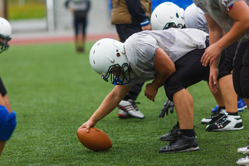 Fototapeta premium Training of the Primorsky American Football Team “Wild Padny” at the FEFU campus stadium on Russky Island
